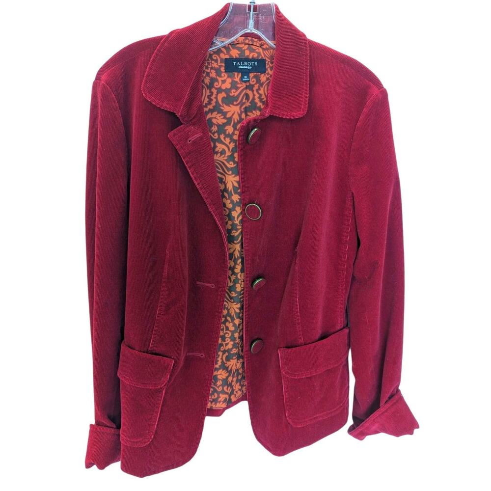 10 Talbots Corduroy Blazer Red Jacket Retro Pockets Cuffs Lined Stretch Cotton